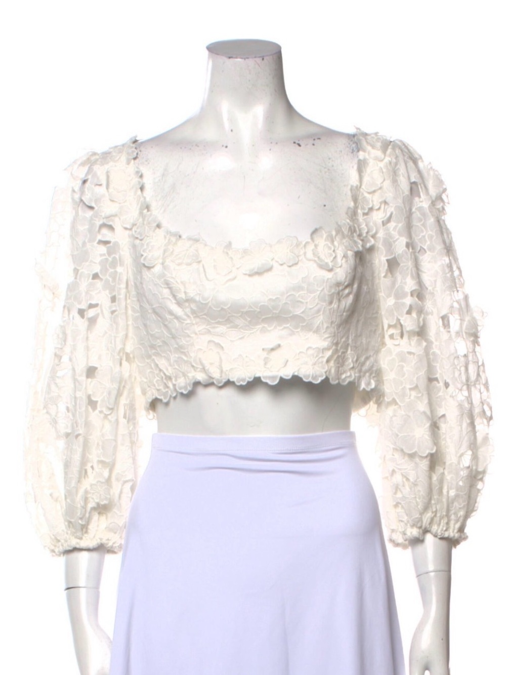 Zimmermann Ivory Floral Lace Puff-Sleeve Crop Top